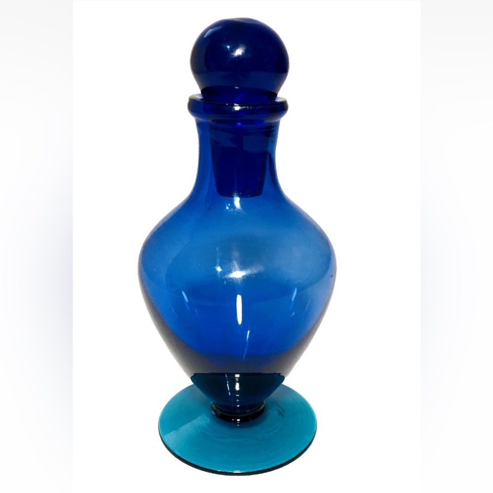 Vintage Handblown Art Glass Perfume Bottle Cobalt Blue Body& Stopper Green Base.
